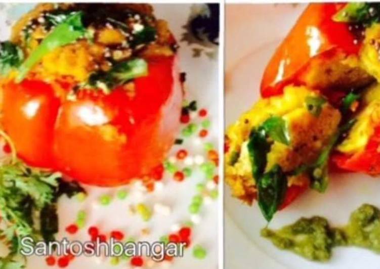 Simple Way to Make Super Quick Homemade Dhokla Stuffed Red Capsicum.