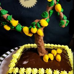 A picture of Mango chiffon cake with chocolate ganache.