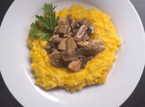 Una foto de Risotto de Zapallo con champiñones al PilPil