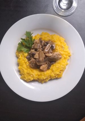 Una foto de Risotto de Zapallo con champiñones al PilPil