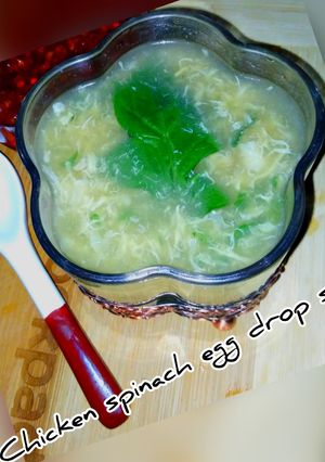 A picture of Chicken spinach egg drop soup.