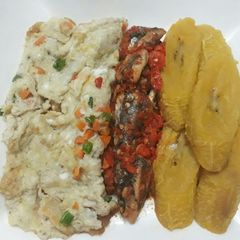 A picture of Ripe plantain with fried egg and peppered sardine.