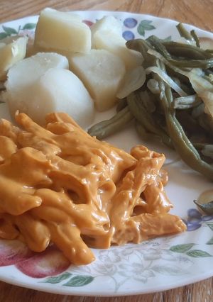A picture of UnCheese Sauce (for mac & cheese) vegan.