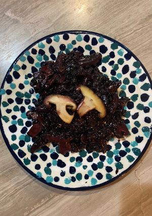 A picture of Black rice shiitake mushroom risotto.