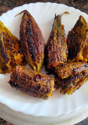 A picture of Andhra style stuffed karela.
