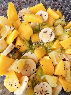 A picture of Fruit salad with chia seeds.