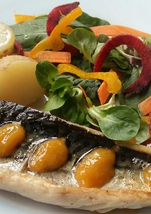 A picture of Vickys Mackerel with New Potatoes & Apricot Sauce GF DF EF SF NF.