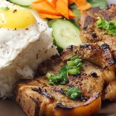 A picture of Simple grilled pork chop rice plate with eggs recipe.