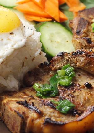 A picture of Simple grilled pork chop rice plate with eggs recipe.