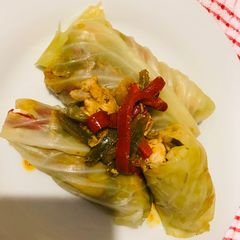 A picture of Cabbage rolls and veggies.