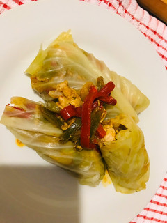 A picture of Cabbage rolls and veggies.
