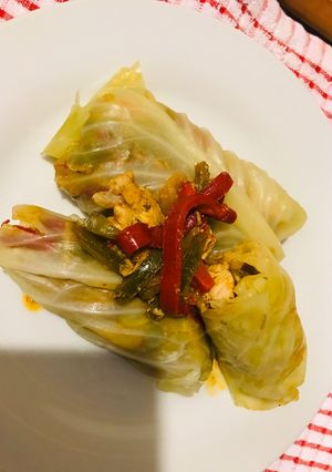 A picture of Cabbage rolls and veggies.