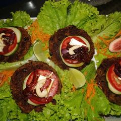 A picture of Sheila's Spicy Bean Burgers.