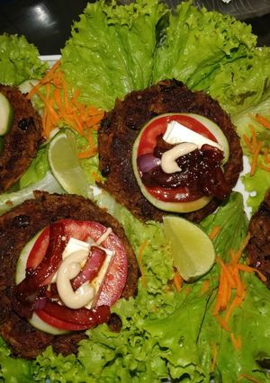 A picture of Sheila's Spicy Bean Burgers.