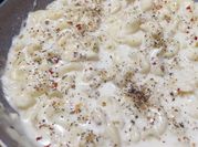 A picture of cheesy white sauce pasta