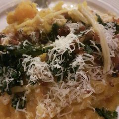 Butternut squash creamy pasta with kale & bacon topping A picture of Butternut squash creamy pasta with kale & bacon topping.