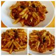 Macarrones con setas, berenjenas y pollo