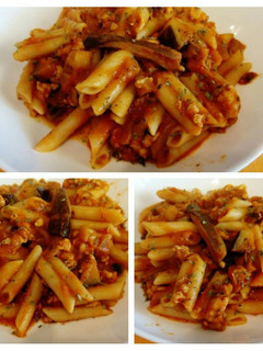 Una foto de Macarrones con setas, berenjenas y pollo