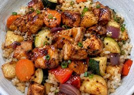 Korean BBQ pollo con verdure al forno + riso