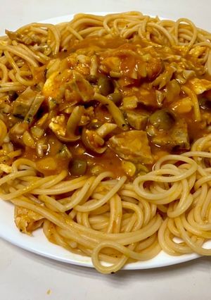 南瓜炒菇茄醬意粉=夜市排餐鐵板麵？ 的食譜成品照片