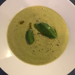 A picture of Fennel and Pea Soup with a hint of Pistachio Pesto.