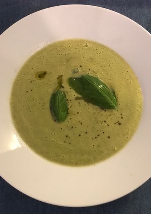 A picture of Fennel and Pea Soup with a hint of Pistachio Pesto.