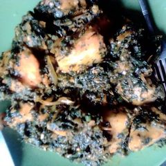 A picture of Yam with okro and vegetable.