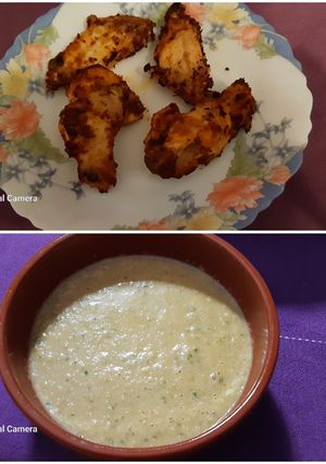 A picture of Chicken Wings with Mustard in Air Fryer and Liquid Salad.