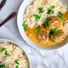 Meatballs in creamy mushroom sauce A picture of Meatballs in creamy mushroom sauce.