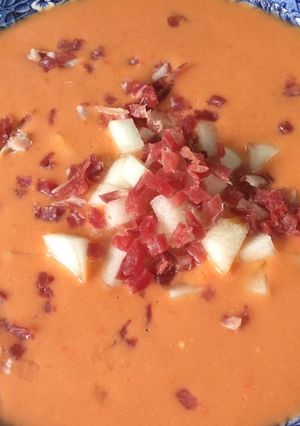 A picture of Andalusian Gazpacho with Melon and Ham.
