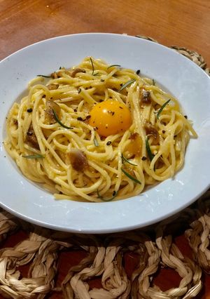Hình của món Mì Ý Carbonara - sốt kem và thịt heo hun khói Joselito.