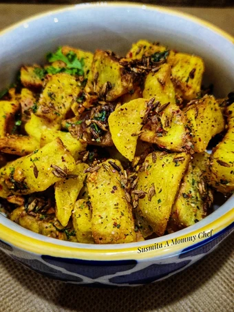 Recipe Baked potato wedges with cumin and garlic tempering which Delicious
