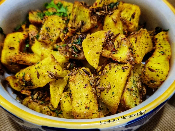 Recipe Baked potato wedges with cumin and garlic tempering which Delicious
