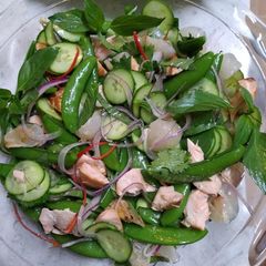 A picture of Crisp salmon, lychee, coriander &chilli salad.