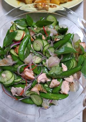 A picture of Crisp salmon, lychee, coriander &chilli salad.