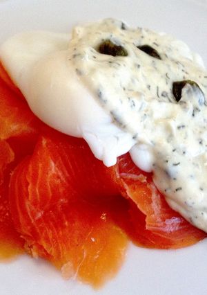 A picture of Smoked Salmon and Poached Eggs with Dill and Caper Sauce.