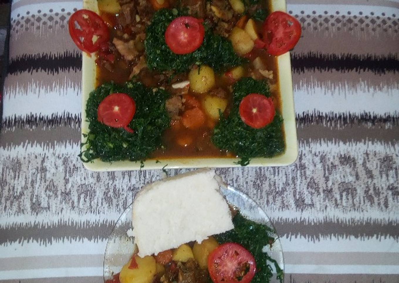 Ugali, Â beef stew and steamed sukuma wiki