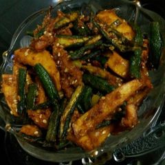 A picture of Besani fried alu bhindi.