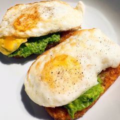 A picture of Avocado ‘Toast’ with Potato Patties & Fried Eggs.