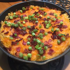 A picture of Cast Iron Skillet Loads Mashed Potato.