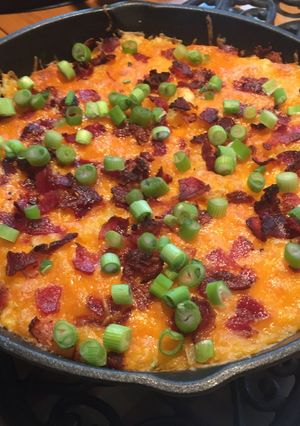 A picture of Cast Iron Skillet Loads Mashed Potato.