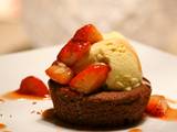 Double Chocolate cake with Ice Cream and Caramelized Strawberries