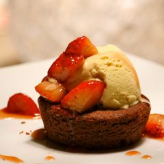 Double Chocolate cake with Ice Cream and Caramelized Strawberries A picture of Double Chocolate cake with Ice Cream and Caramelized Strawberries.