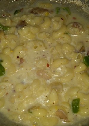 A picture of White sauce pasta.