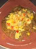 Salsa para pasta con champiñones y camarones en leche de coco