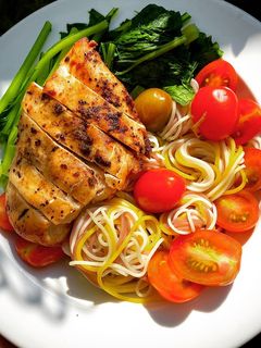 Hình của món Eat Clean với ức gà chiên bằng nồi chiên không dầu - bún gạo lức - rau luộc.