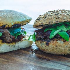 Sirloin Steak sandwich with Pickled Gherkins & Red Onion barbecue sauce A picture of Sirloin Steak sandwich with Pickled Gherkins & Red Onion barbecue sauce.