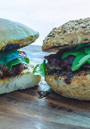 A picture of Sirloin Steak sandwich with Pickled Gherkins & Red Onion barbecue sauce.
