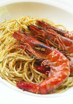 Foto resep Spaghetti with garlic butter prawns (#pr_pasta)