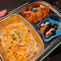 A picture of Bekal Anak-Nasi Goreng, Spicy Chicken, Nori Ayam Goreng.